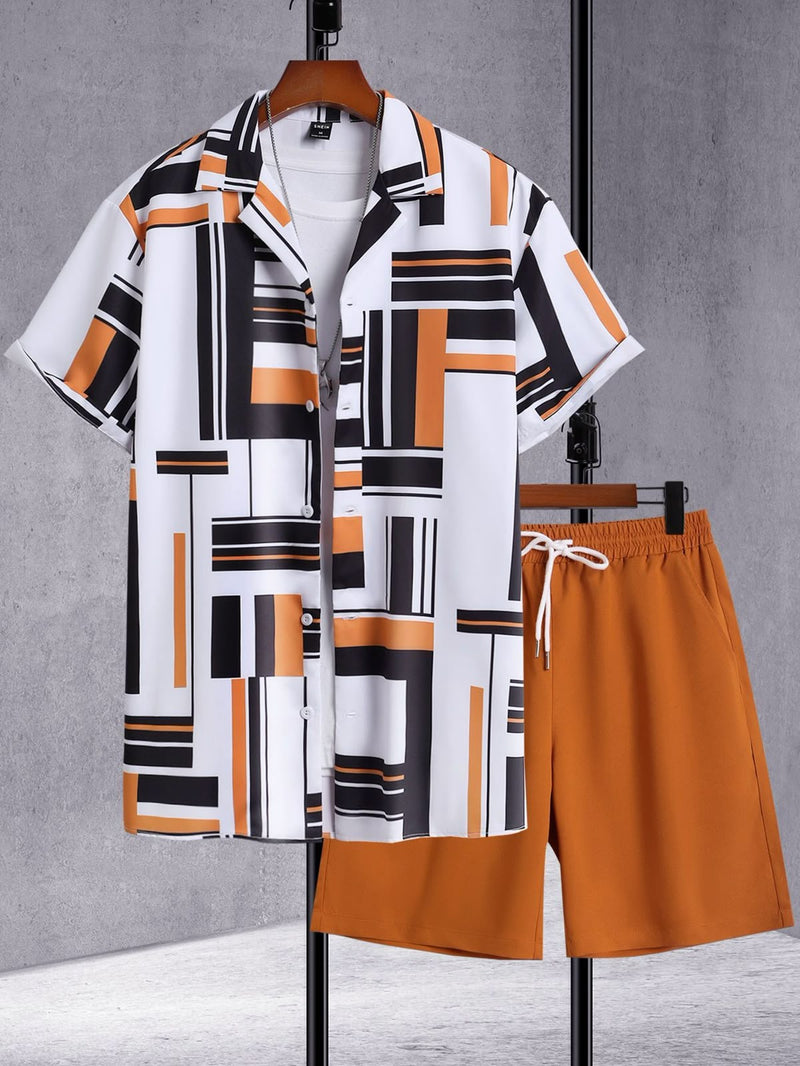 Ensemble chemise et short à cordon pour homme, imprimé géométrique abstrait