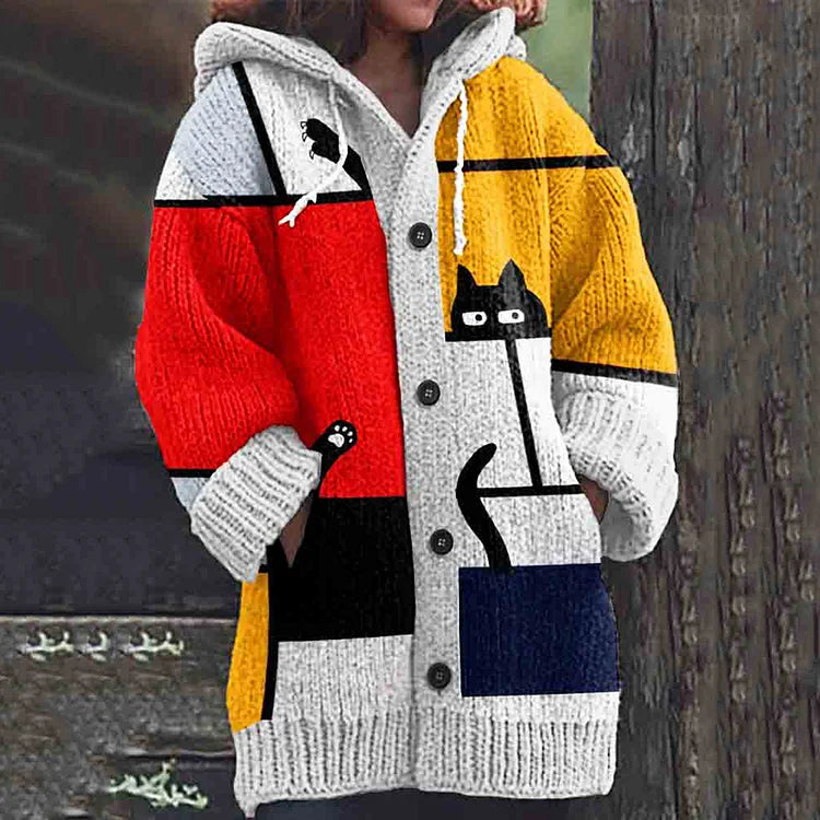 Gilet en maille épaisse à blocs de couleurs avec motif de chat fantaisiste pour femme