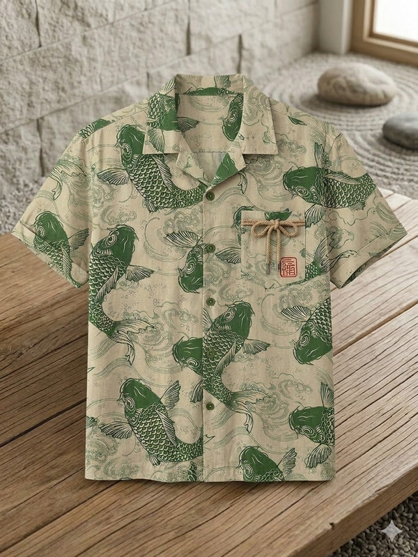 Chemise homme vintage en lin mélangé à imprimé carpes koï et vagues