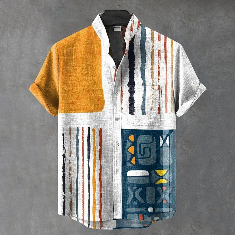 Chemise homme à imprimé abstrait coups de pinceau et blocs, aspect lin